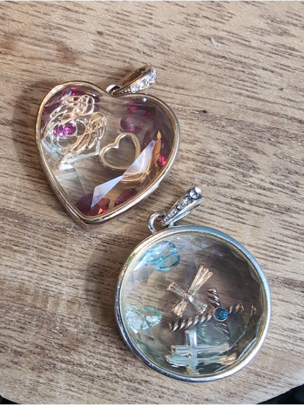 2x Crosses & Gemstones Floating Shaker Pendants